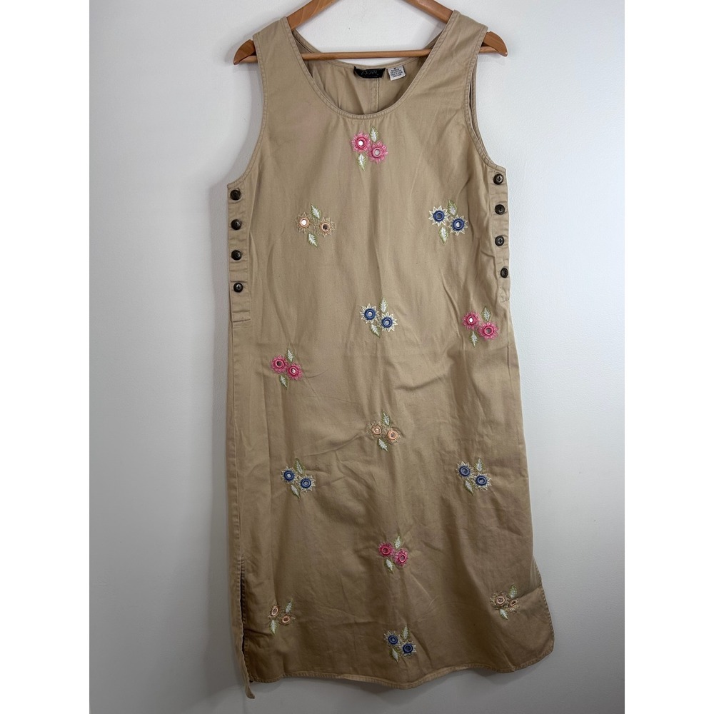 VTG Asari Shirt Jumper Dress Sz M Tan Cotton Embroidered Shisha Mirror Cottage